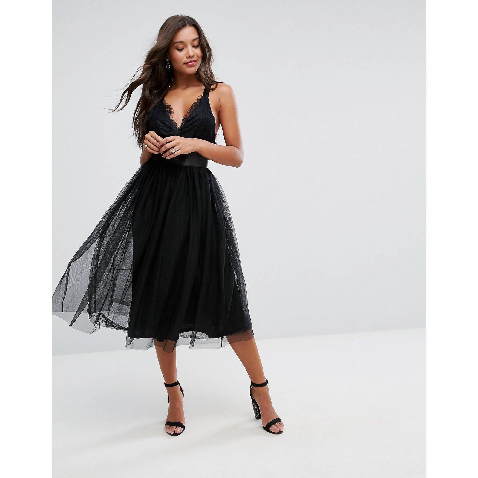 Asos Premium Lace Top Tulle Midi Prom Dress With Ribbon Ties Size 6